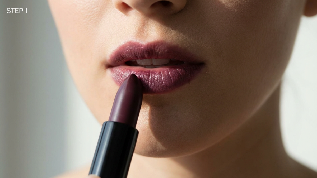 Deep plum lipstick application for the classic Wednesday Addams makeup style