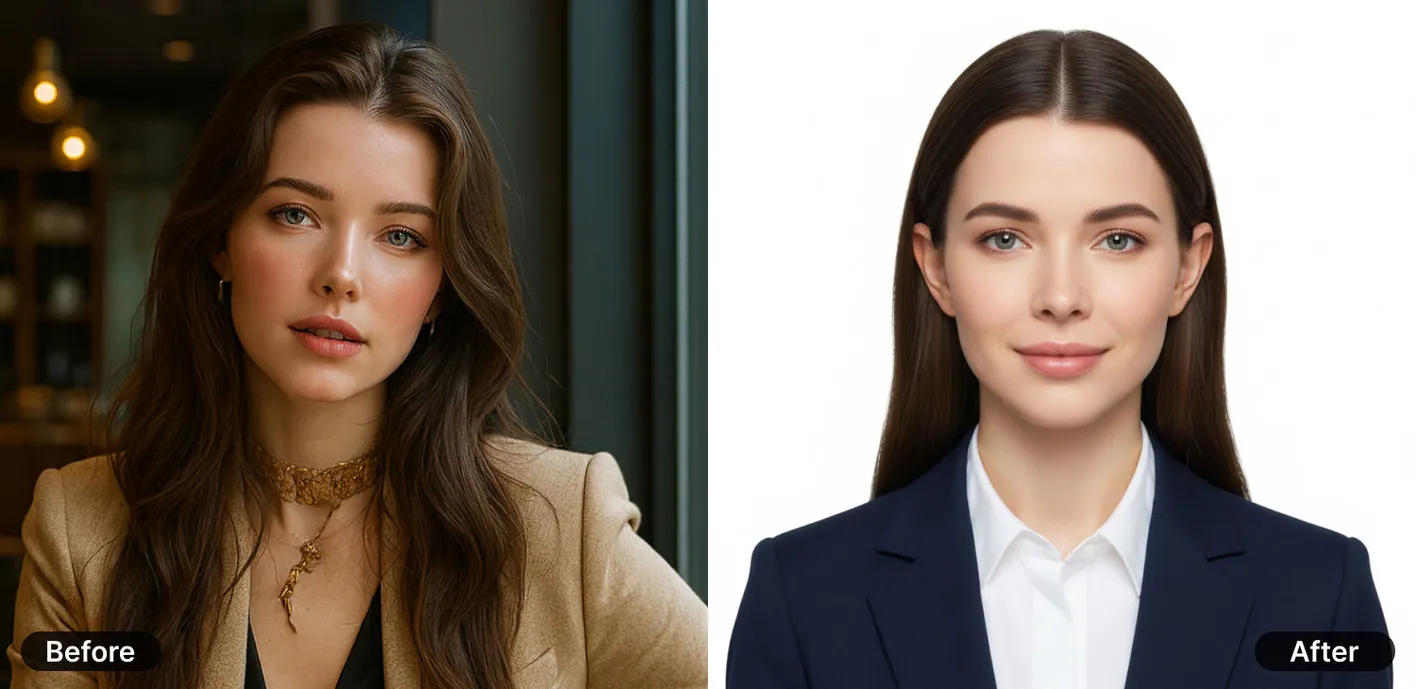 masterpiece, ultra realistic ID photo, shoulders-up portrait of the same person, wearing a sharp navy-blue business suit and crisp white shirt, solid neutral background (#ffffff), soft even lighting, no shadows, face clearly visible, neutral expression, eyes straight at camera, ears visible, no glasses, smile, official ID photo dimensions 35 mm × 45 mm (413 × 531 px @ 300 dpi), passport-style framing.