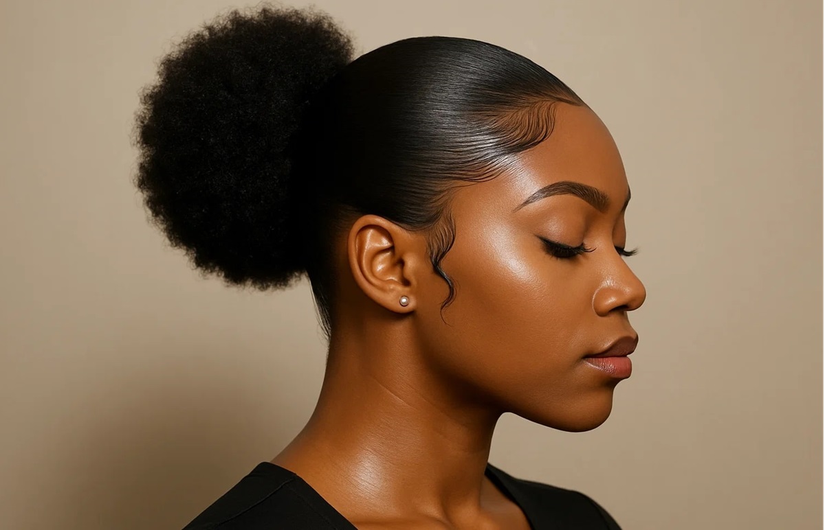 Puff style Afro ladies hairstyle with sleek finish Try elegant puff-style Afro hairstyles for women featuring smooth edges and natural shine.