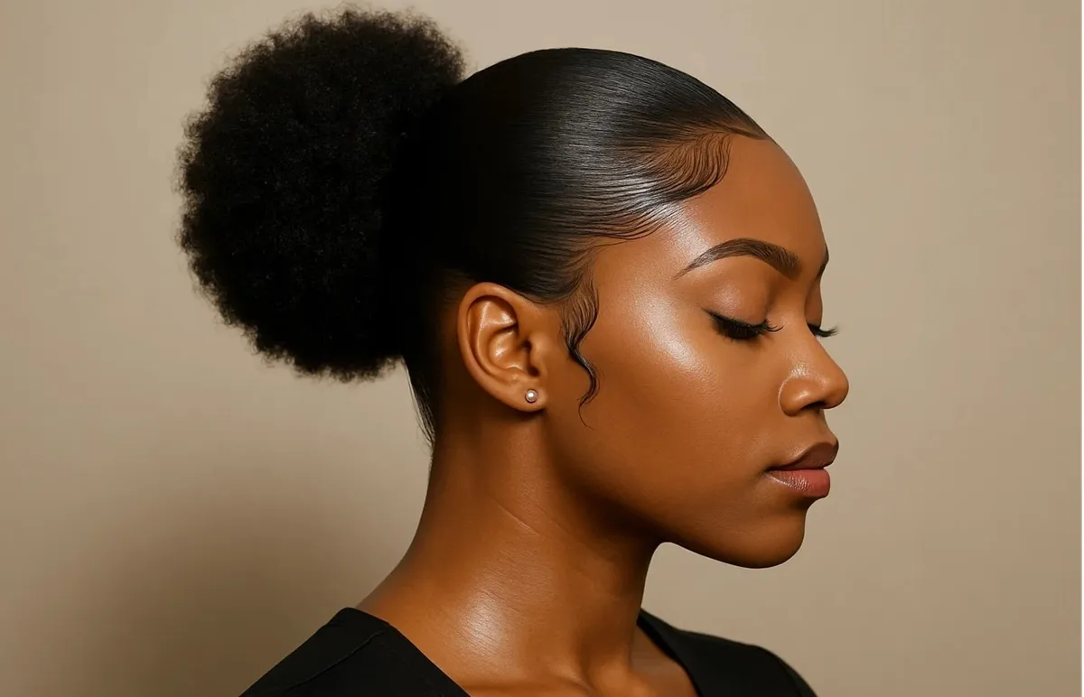 Try elegant puff-style Afro hairstyles for women featuring smooth edges and natural shine.