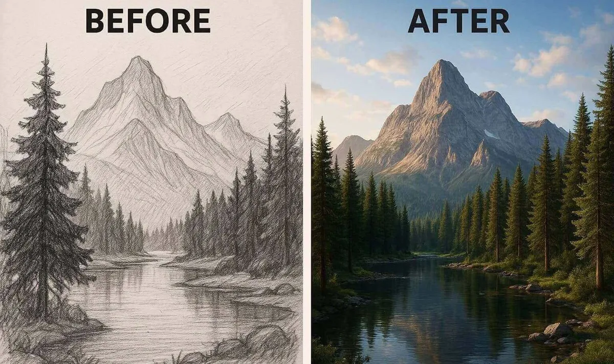 A landscape sketch transformed through drawing to realistic AI for vivid realism.