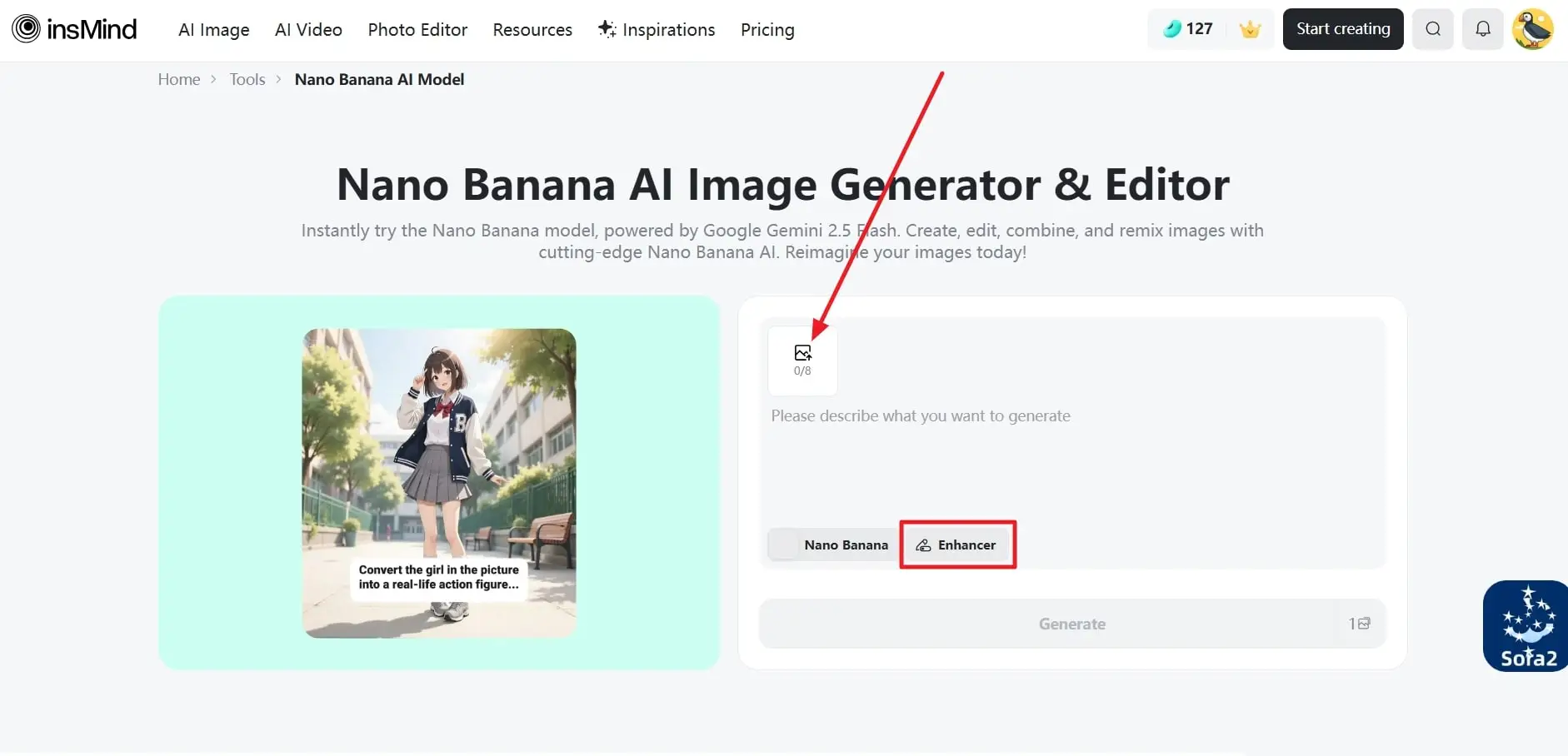 Entering a prompt and enabling the enhancer in insMind Nano Banana AI