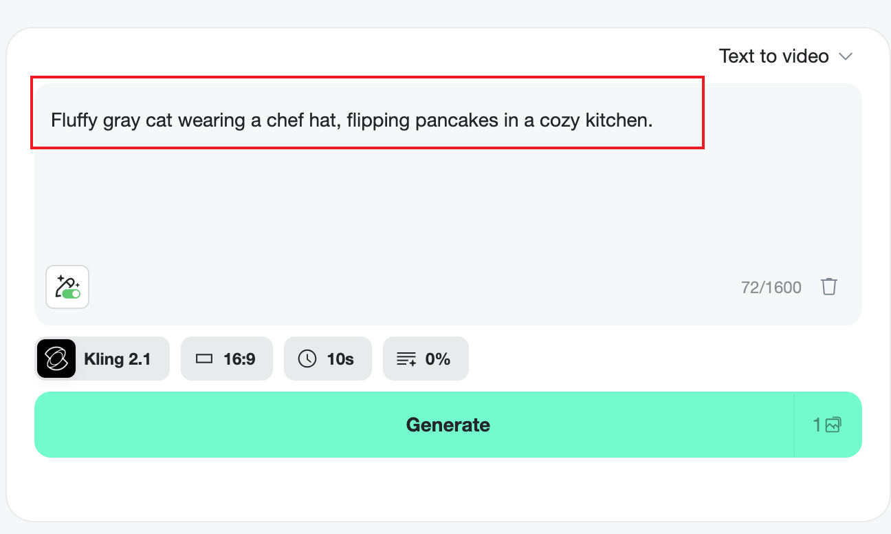 Example of a user typing a detailed prompt Example of a user typing a detailed prompt into the AI video generator, describing a fluffy gray cat wearing a chef hat in a cozy kitchen.