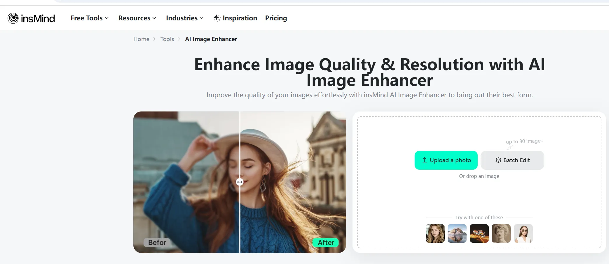 Screenshot showing how to access the AI Photo Enhancer Tool in the insMind interface