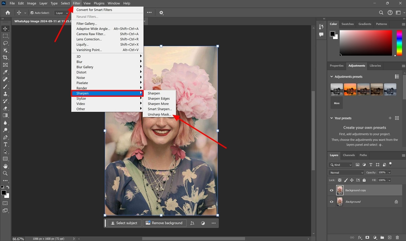 Screenshot that shows how to accees the unsharp option in photoshop - How to Sharpen an Image 