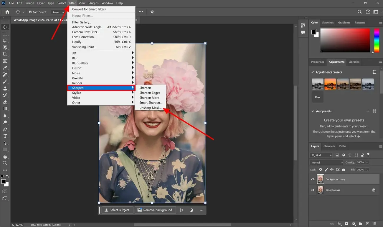 Screenshot that shows how to accees the unsharp option in photoshop - How to Sharpen an Image 