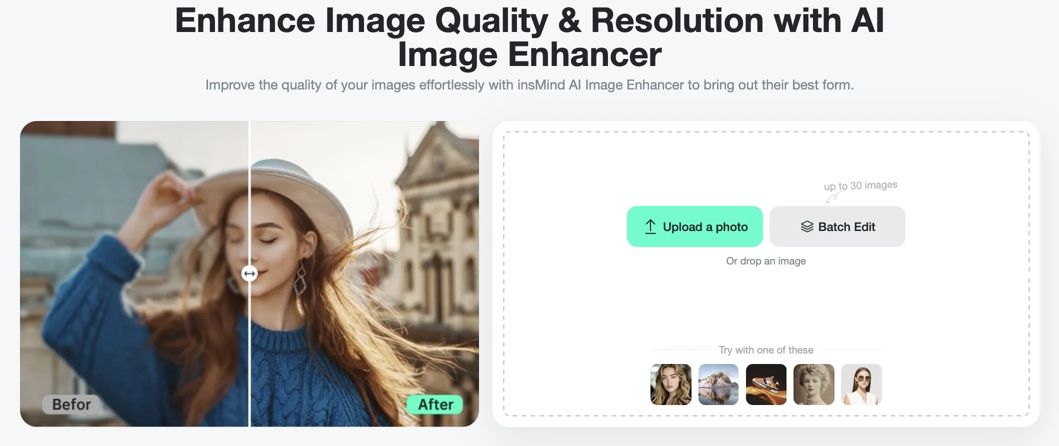 Screenshot demonstrating the process of uploading a photo to the AI Photo Enhancer Tool in insMind