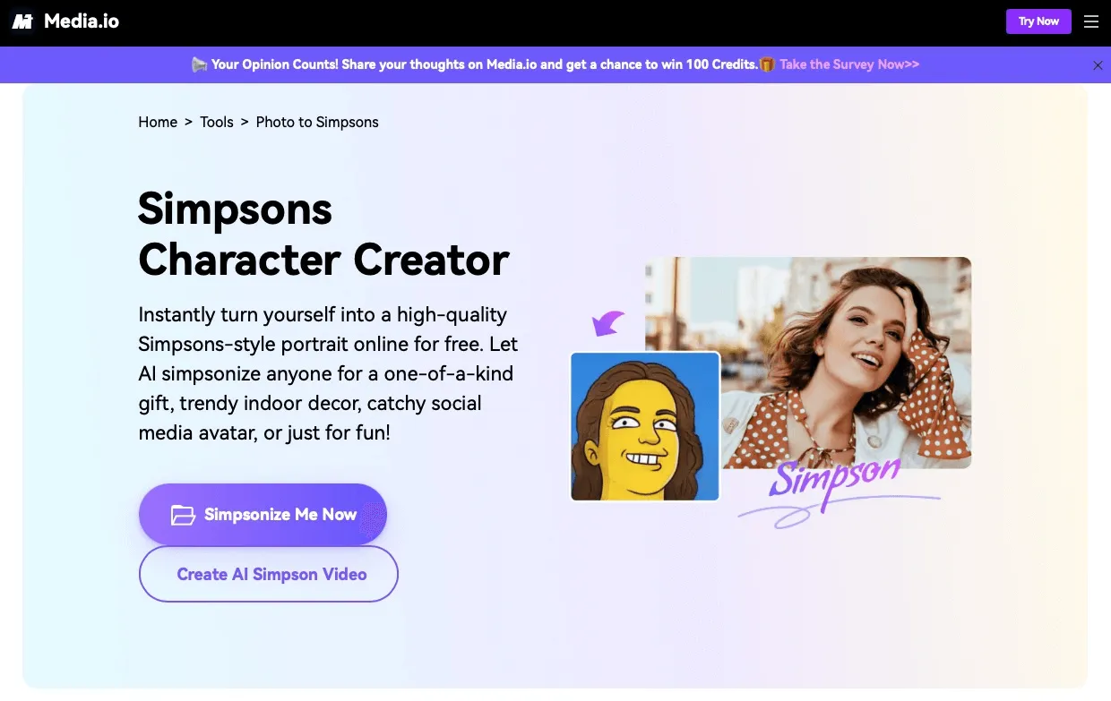 Convert selfies into Simpsons caricatures instantly with one-click AI generation.