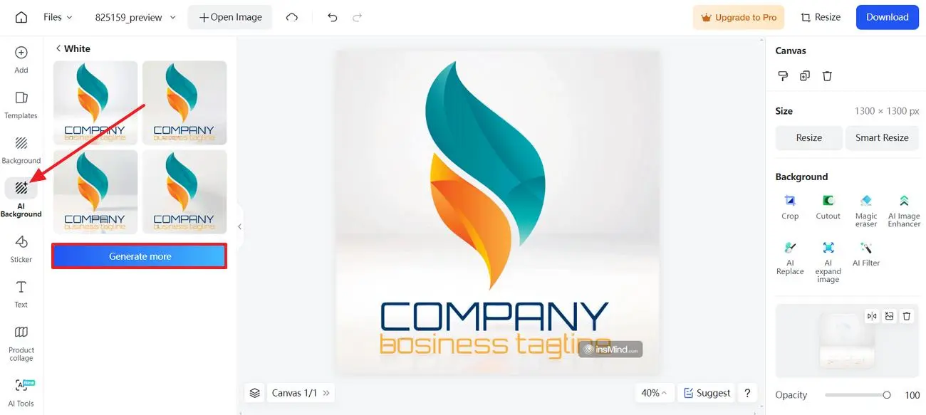 Screenshot that shows how to access insMind's AI Background feature to change logo color