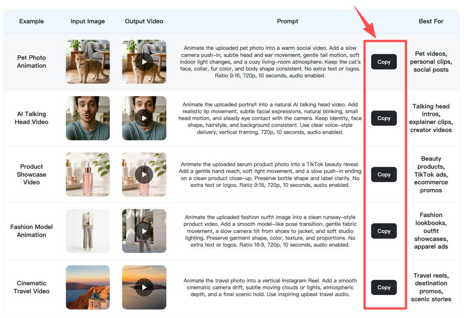 Prompt table with copy buttons for AI video ideas