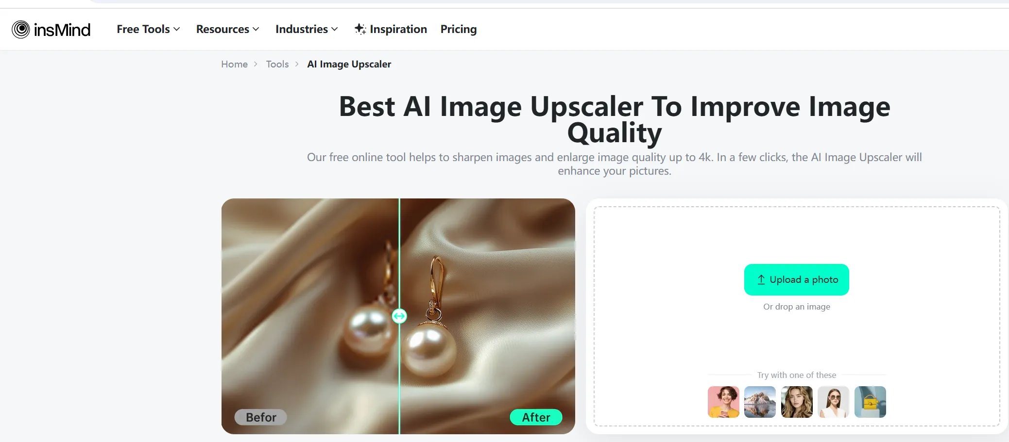 Screenshot showing how to access the AI Image Upscaler Tool in the insMind interface