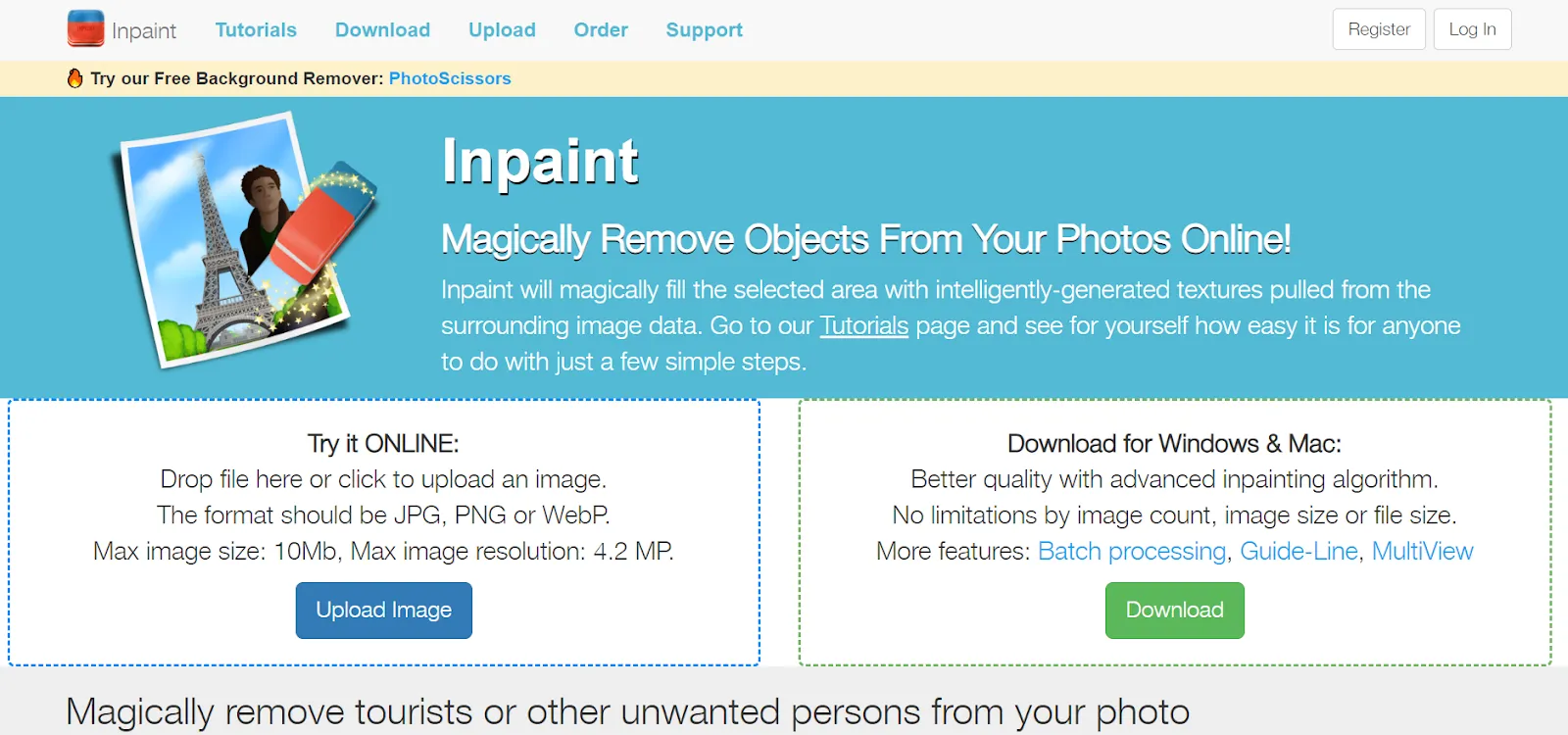 screenshot shows the page of Object Remover in InPaint