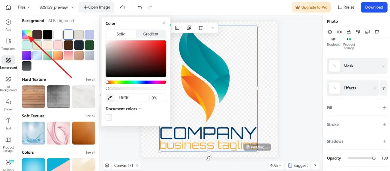 Screenshot that shows how to choose the color patterns to chage logo color in insMind