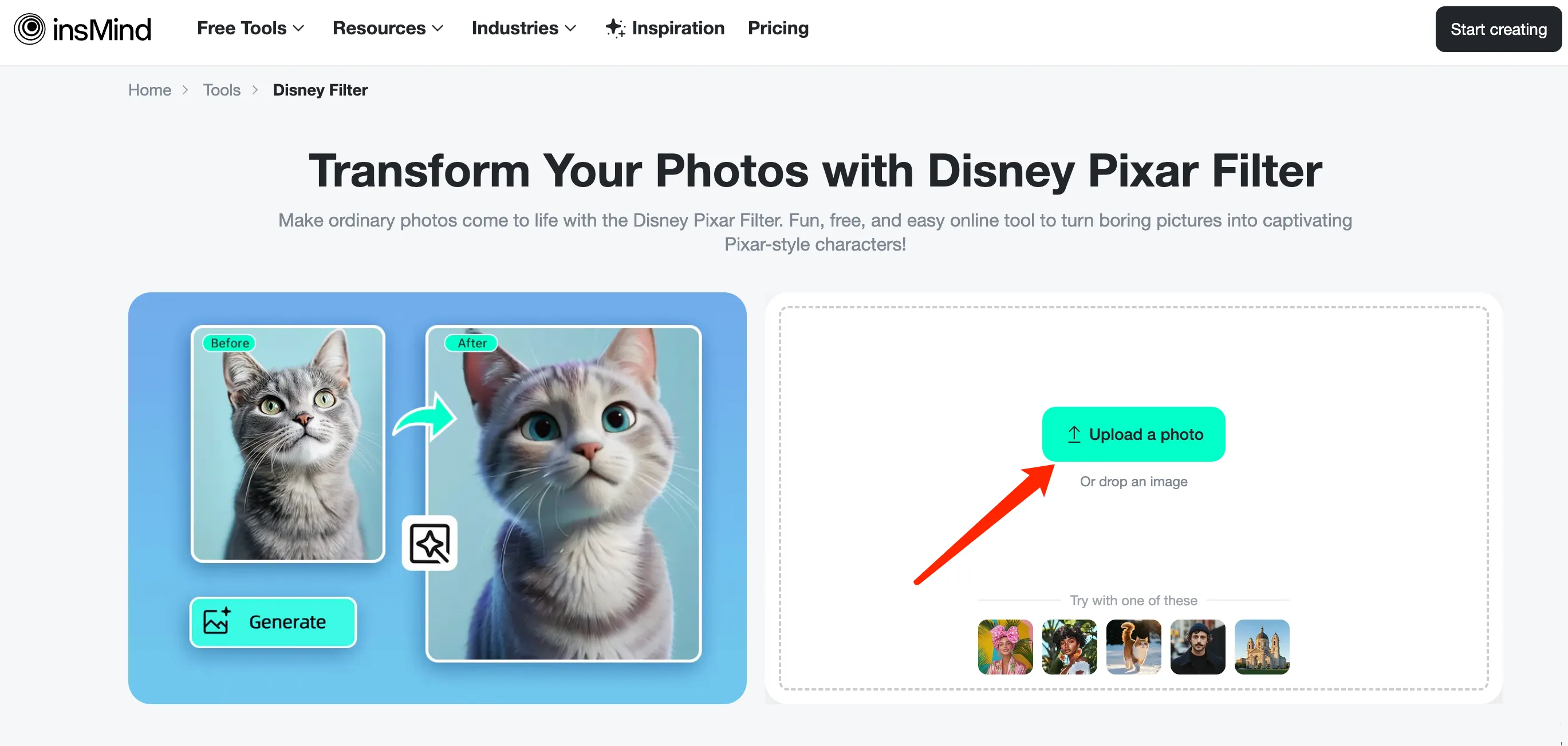 Upload picture on insMind Disney Pixar Filter