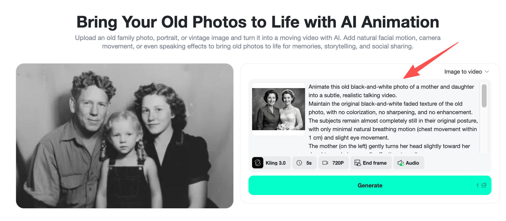 Write Talking Photo AI Prompt Enter animation prompt to control speech and motion in old photo video