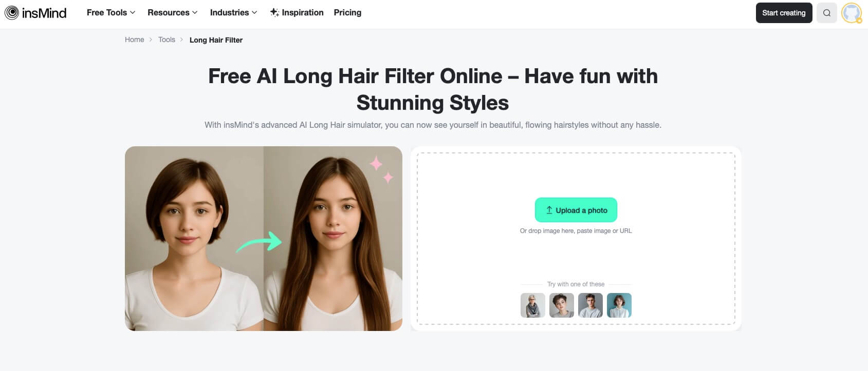 Start with insMind’s tool to preview your long hairstyle.