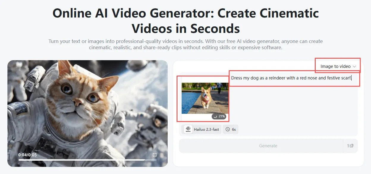 Switch to image-to-video mode for turning your pet photos into festive videos.