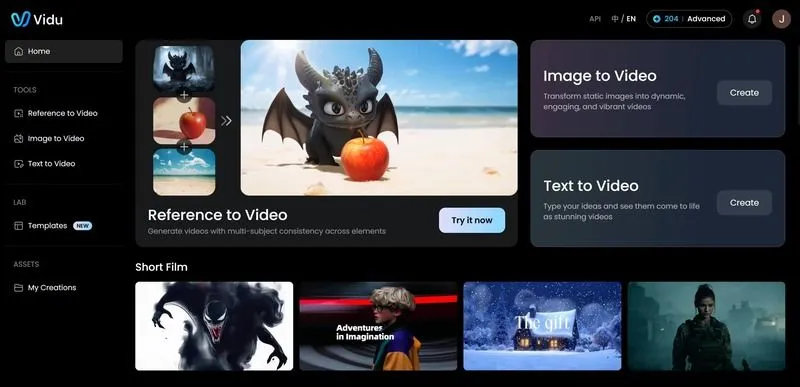 Showcasing Vidu&rsquo;s simple interface for creating AI-generated videos from text and images.