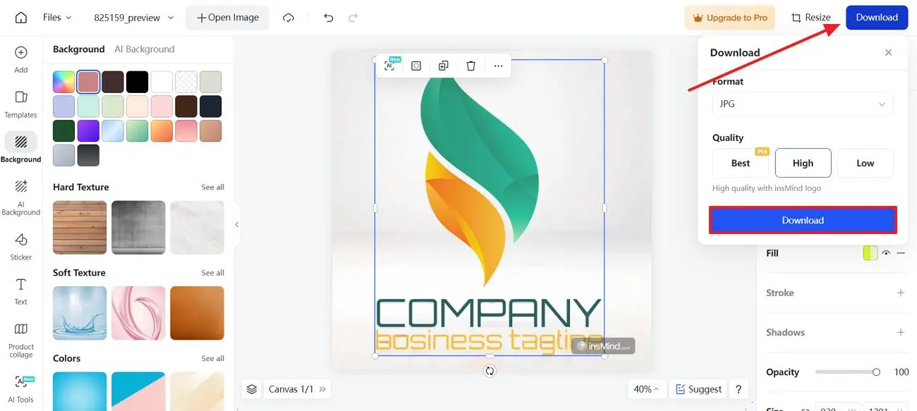 Screenshot that shows how to access the download button - change logo color with insMind