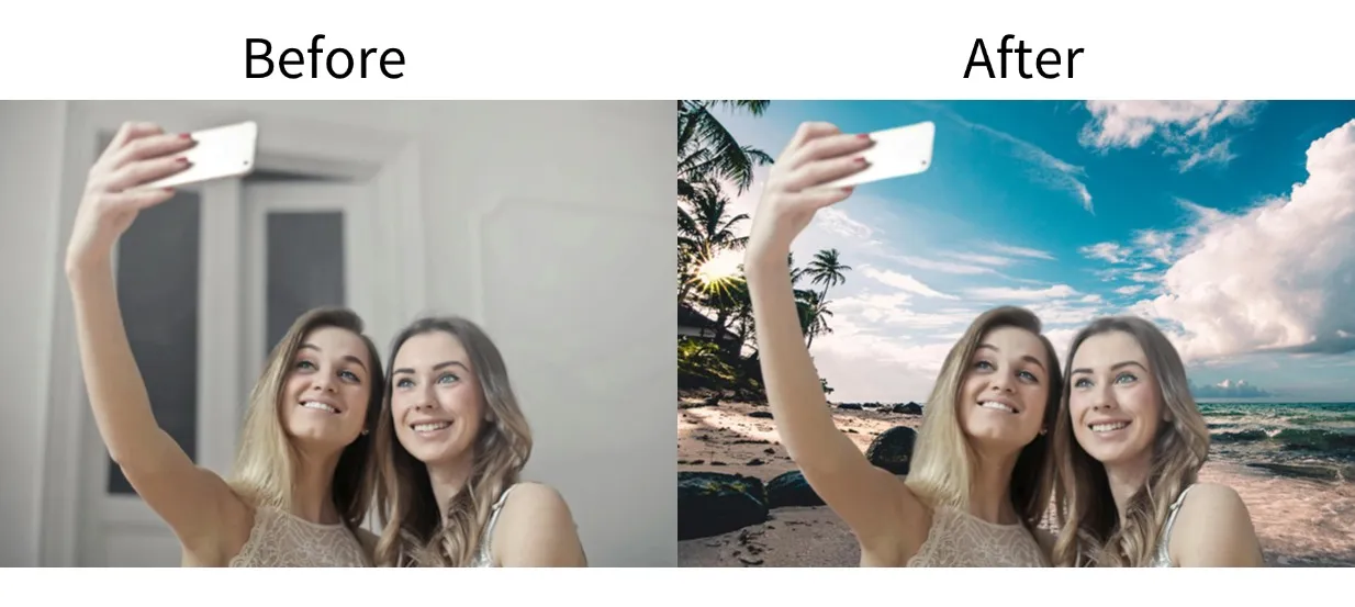 Demonstration image showing a photo before and after using the change background Tool