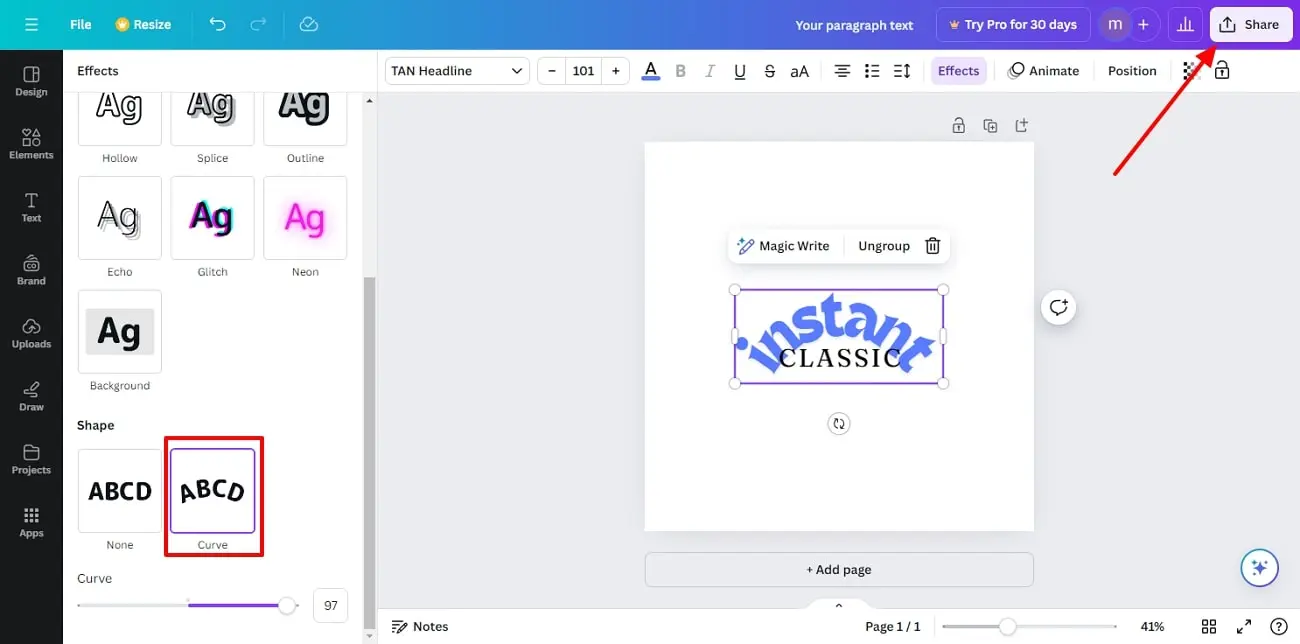 Screenshot that shows how to apply curved effect and share via Canva - How to Curve Text