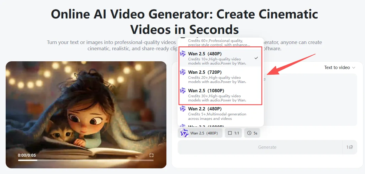 Select the WAN 2.5 model and configuration for lip-sync AI video creation.