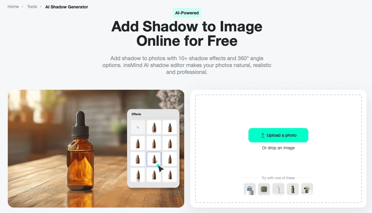 screenshot shows the tool page of insMind AI Shadow