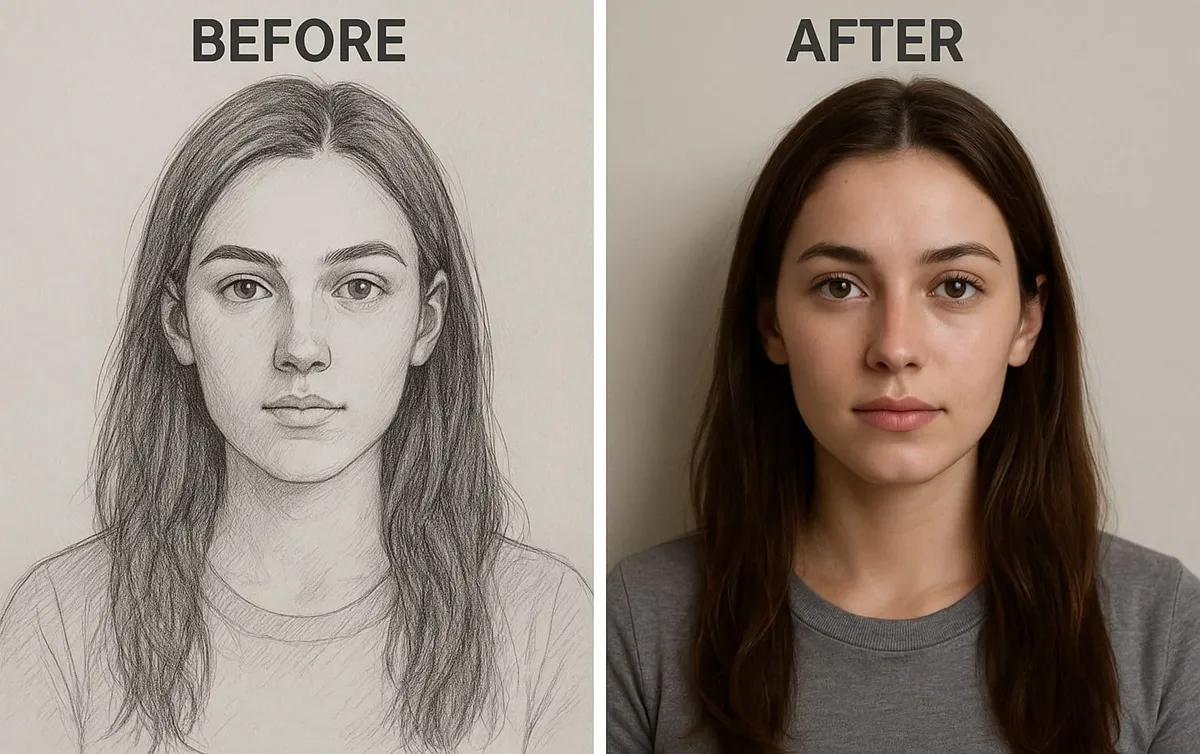 Example of AI making drawings realistic by enhancing facial features accurately.