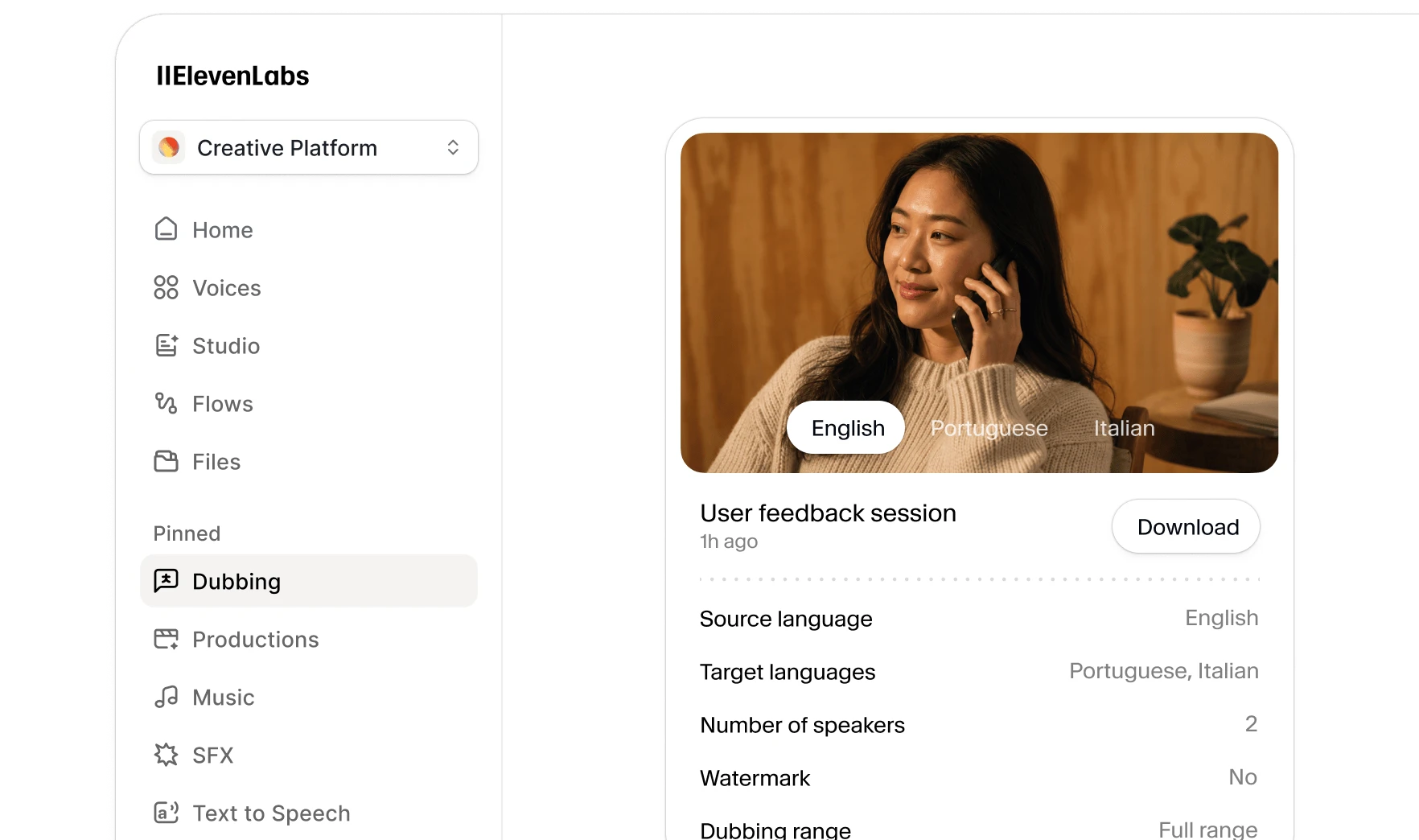 ElevenLabs dubbing interface