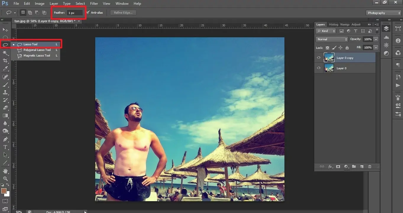  locate lasso tool in photoshop to remove a tan line