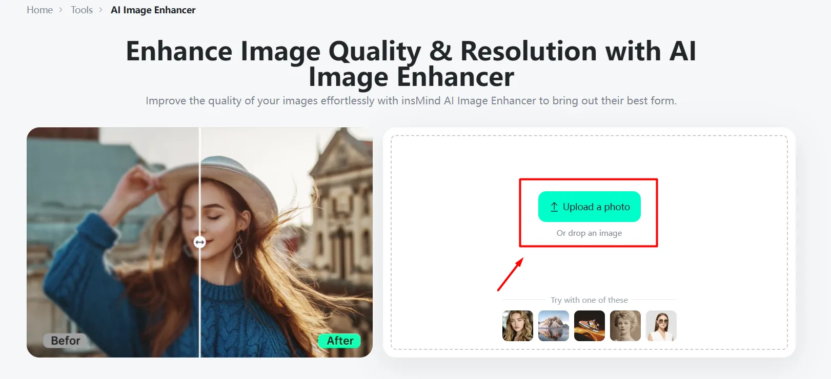 Screenshot demonstrating the process of uploading a photo to the AI Image Enhancer Tool in insMind