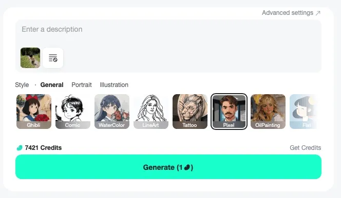 Enter descriptive text or upload a photo to quickly generate precise pixel art.