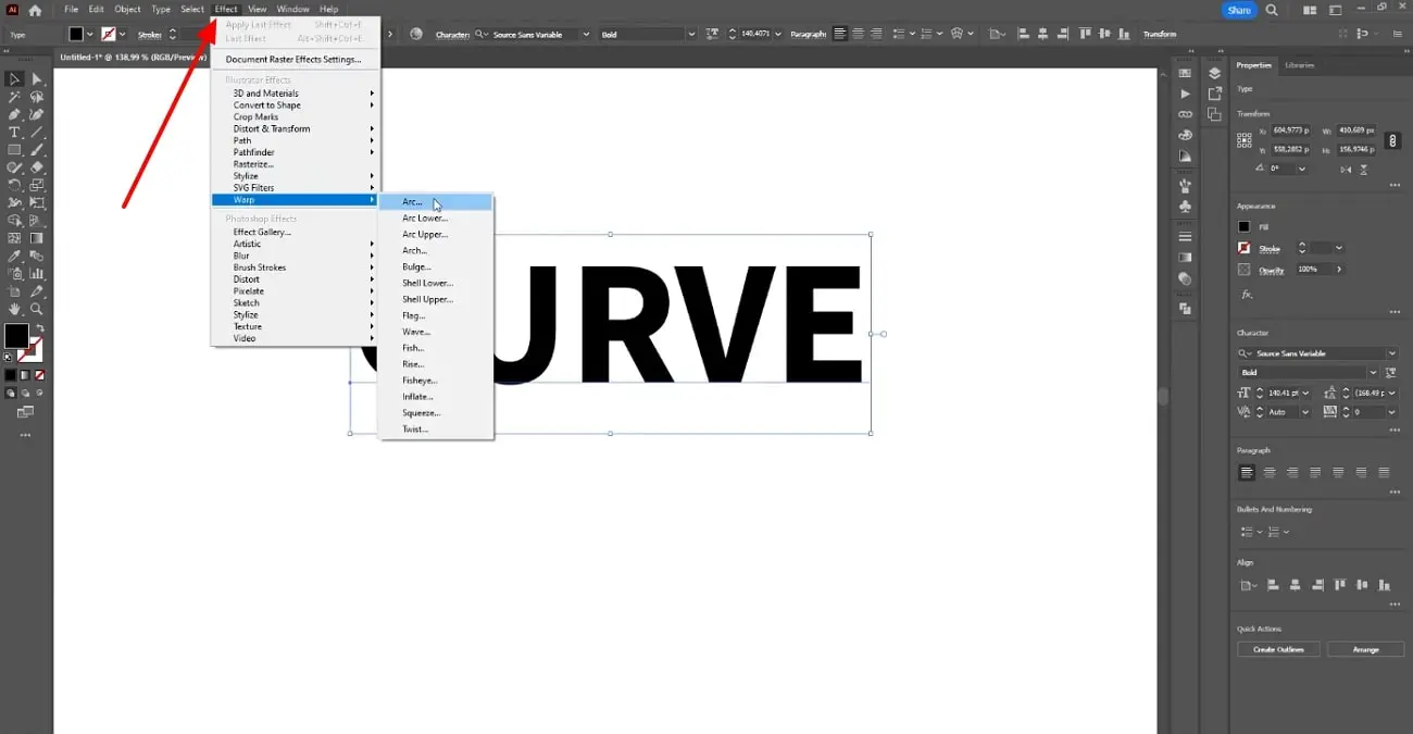 Screenshot that shows how to access the Curved Styles in Adobe Illustrator - How to Curve Text