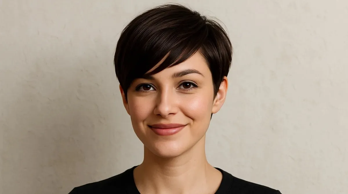 Preview how you would look with a modern pixie cut featuring stylish side-swept bangs.