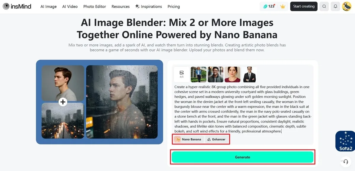 Select Nano Banana or GPT-4O to generate an AI group photo with realistic blending and refined group portrait details.