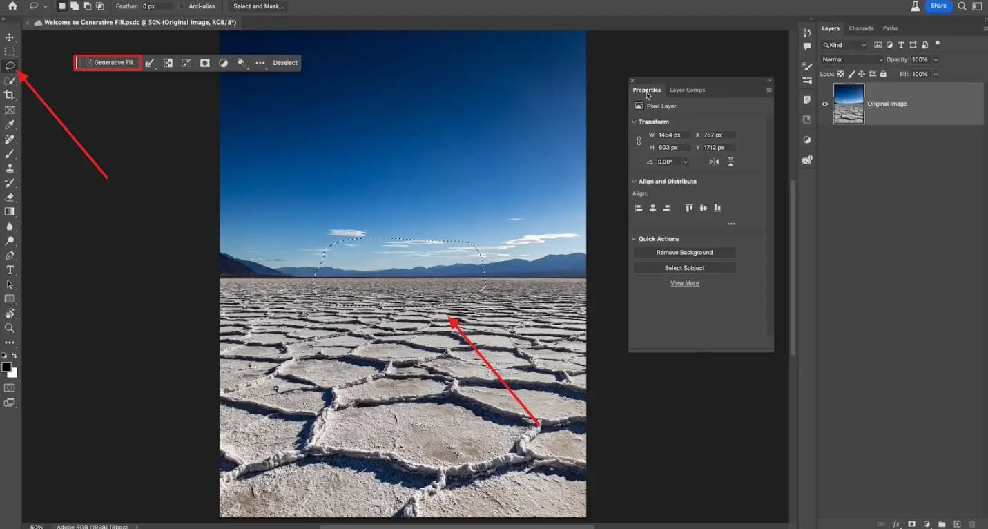 Screenshot that shows how to locate generative fill feature - Photoshop Ai Generative Fill