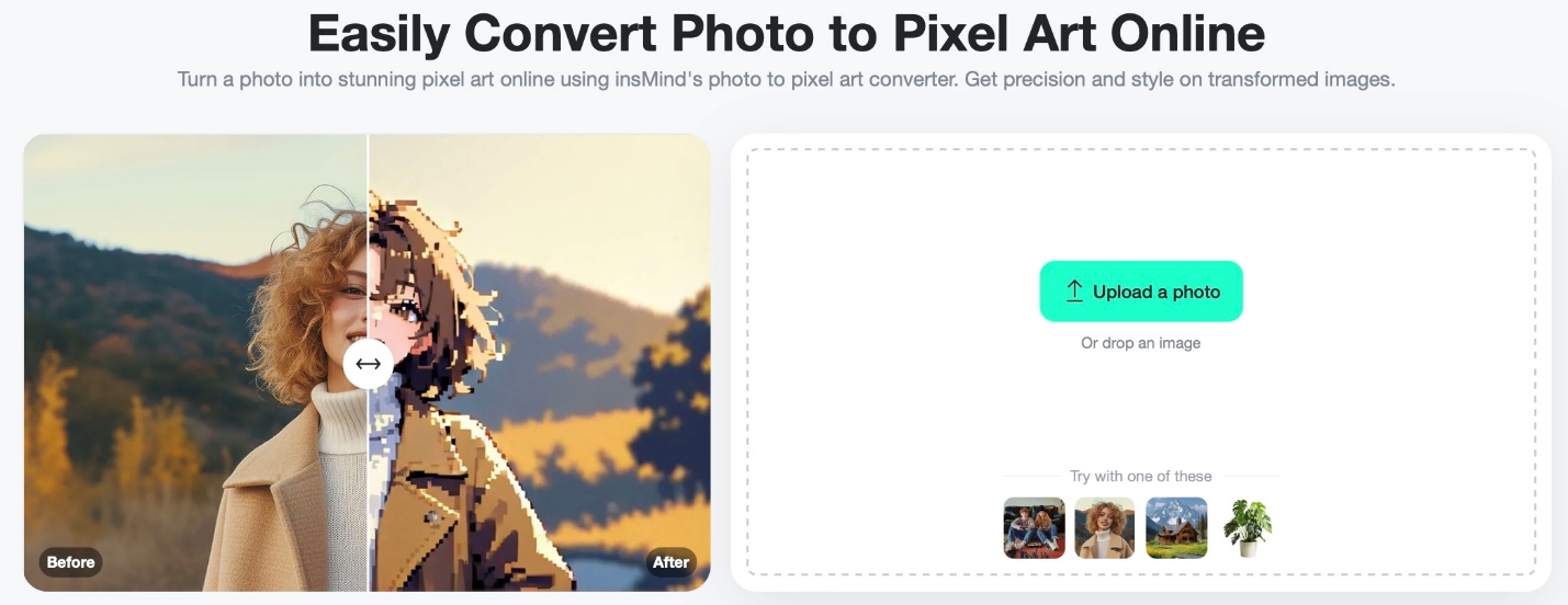 Screenshot showing how to access the Photo to Pixel Art Tool in the insMind interface