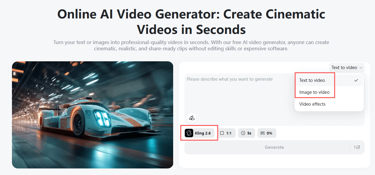 Upload text scripts or images to start creating a Kling 2.6 AI video.