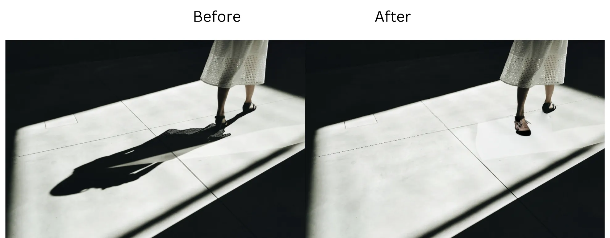 Demonstration image showing a photo before and after Removing Shadows using the insMind tool