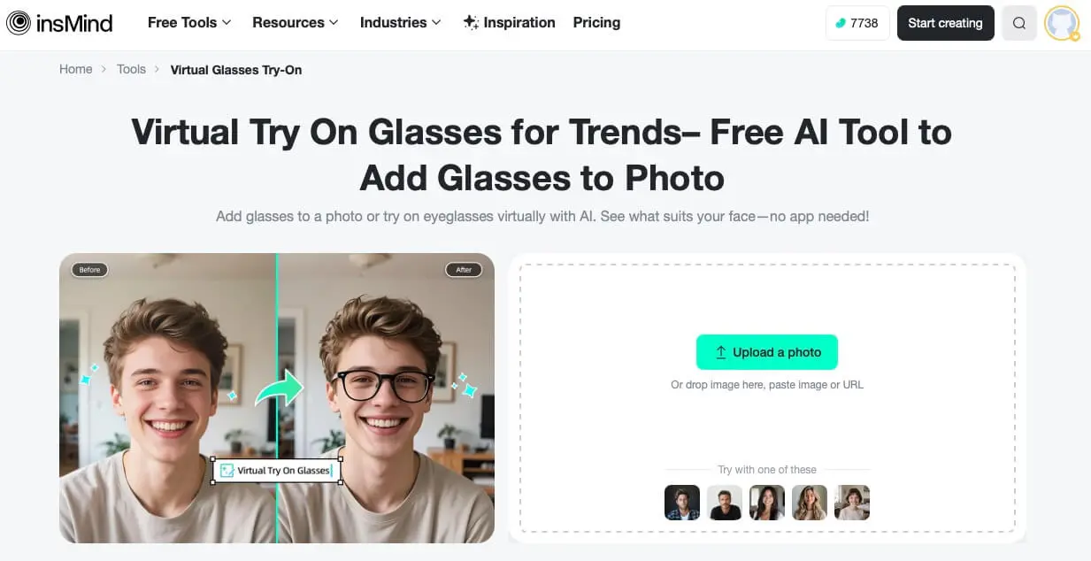 Access insMind online to virtually test glasses on your photo instantly.