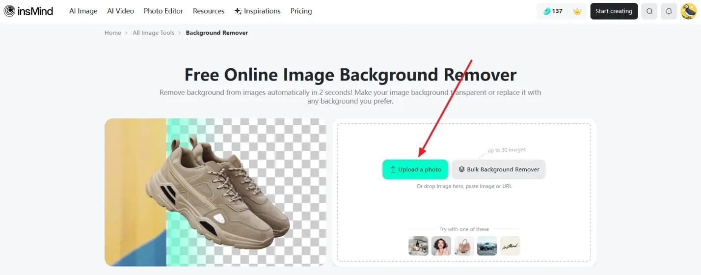 Uploading image for removal on insMind AI Background Removal