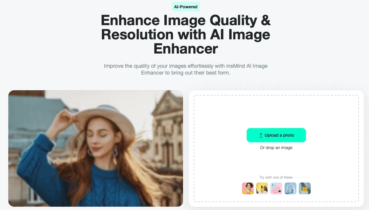 access insMind AI Image Enhancer tool page