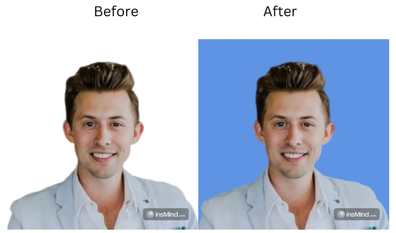 Demonstration image showing a photo before and after changing the background using the insMind tool