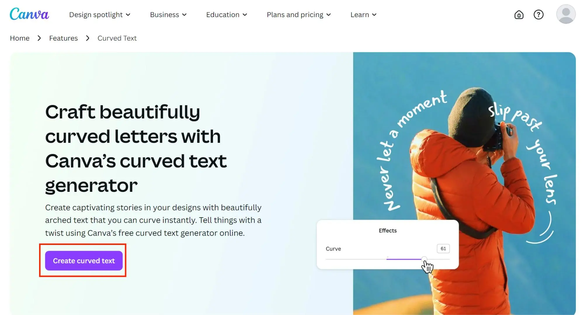 Tool page of Canva's curve text feature - How to Curve Text