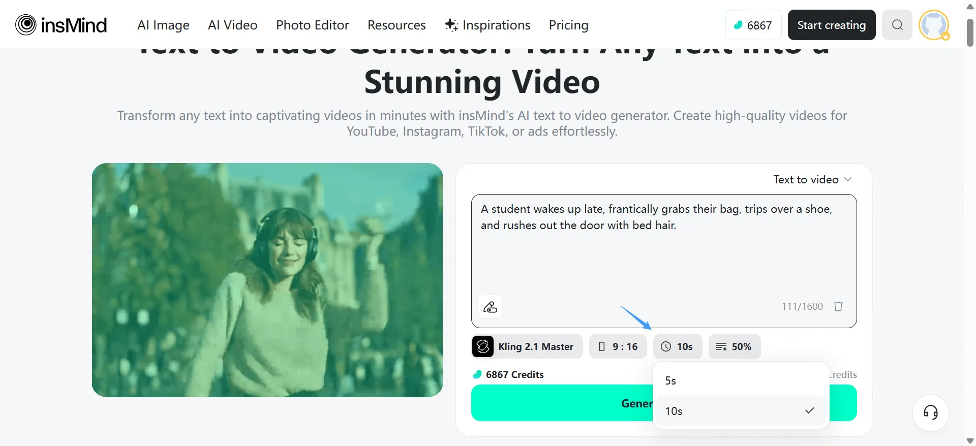 Set video length, style, aspect ratio, and prompt strength.