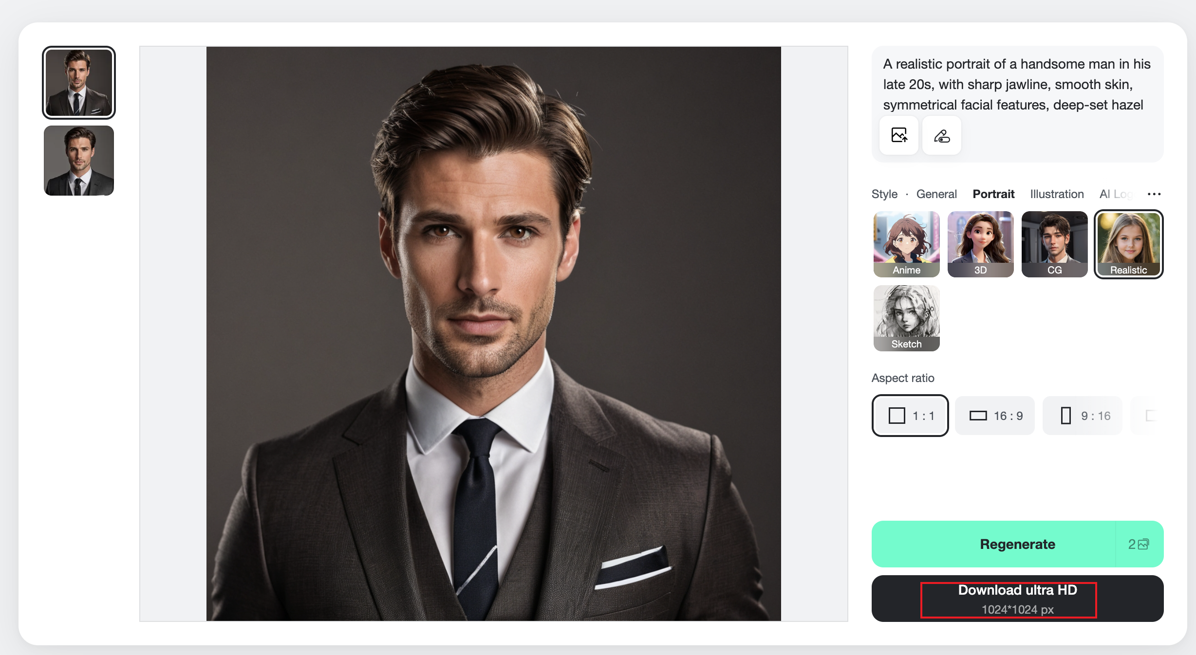 Screenshot of insMind’s AI Boyfriend Generator showing the final generated AI boyfriend ready to save and share.