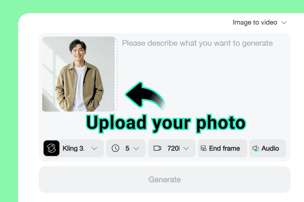 Upload Character Photo User uploads a character photo for AI video generation.