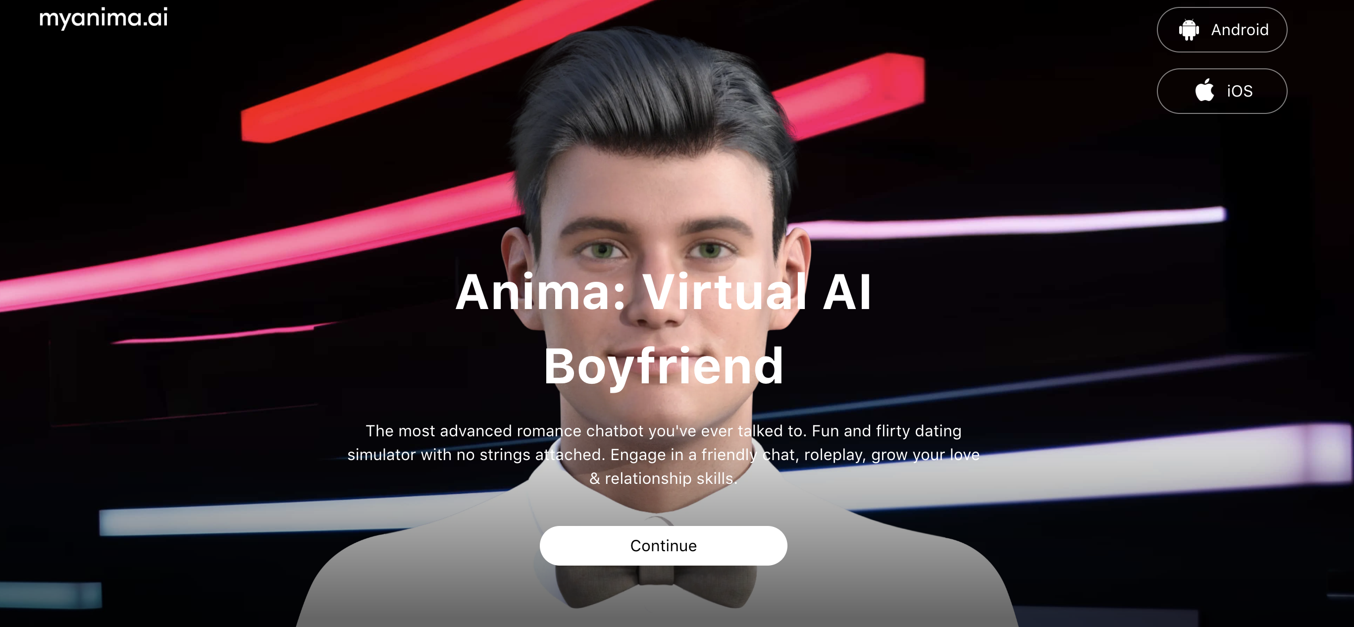 Screenshot of Anima’s AI Boyfriend Generator interface.