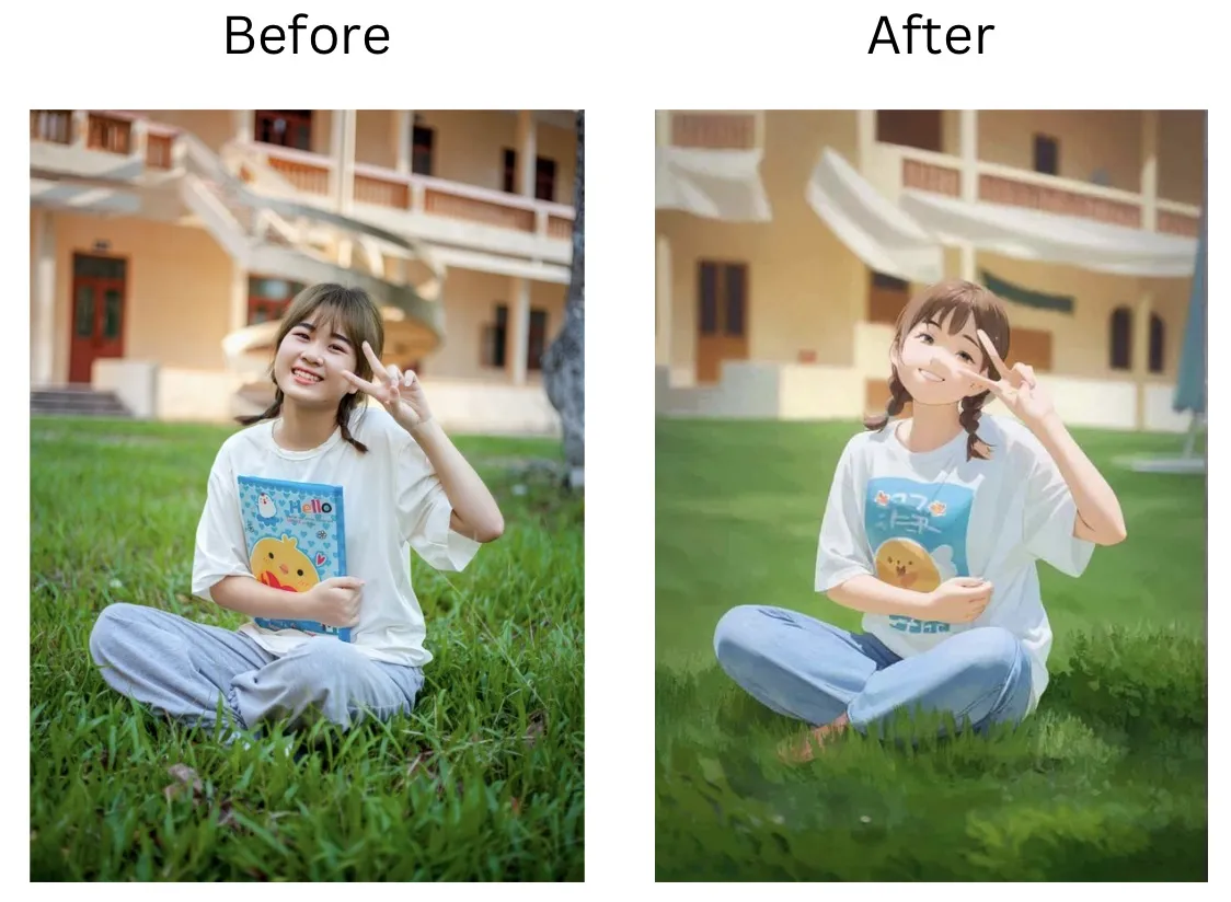 Demonstration image showing a photo before and after using the insMind Photo to Anime tool