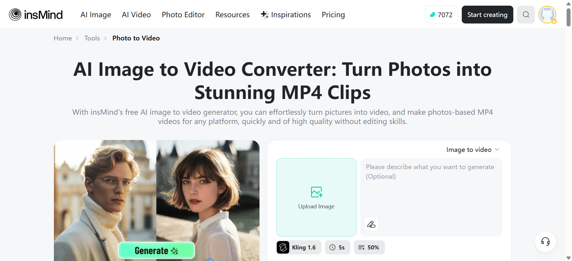 Add JPG, PNG, or WEBP images to generate a video with AI.
